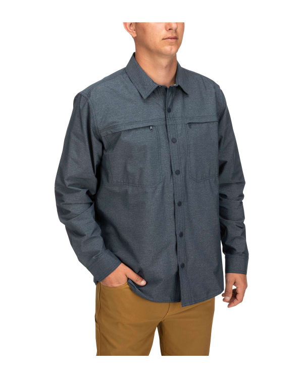 Simms Prewett Stretch Woven LS Shirt Dark Moon Model Side Simms Prewett Stretch Woven LS Shirt Dark Moon Model Side